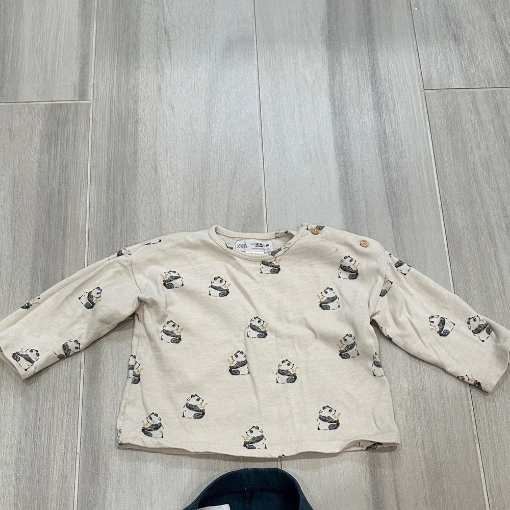 Zara 12-18M Cream Panda Print Top and Teal Ribbed Leggings Pants - Picture 7 of 11